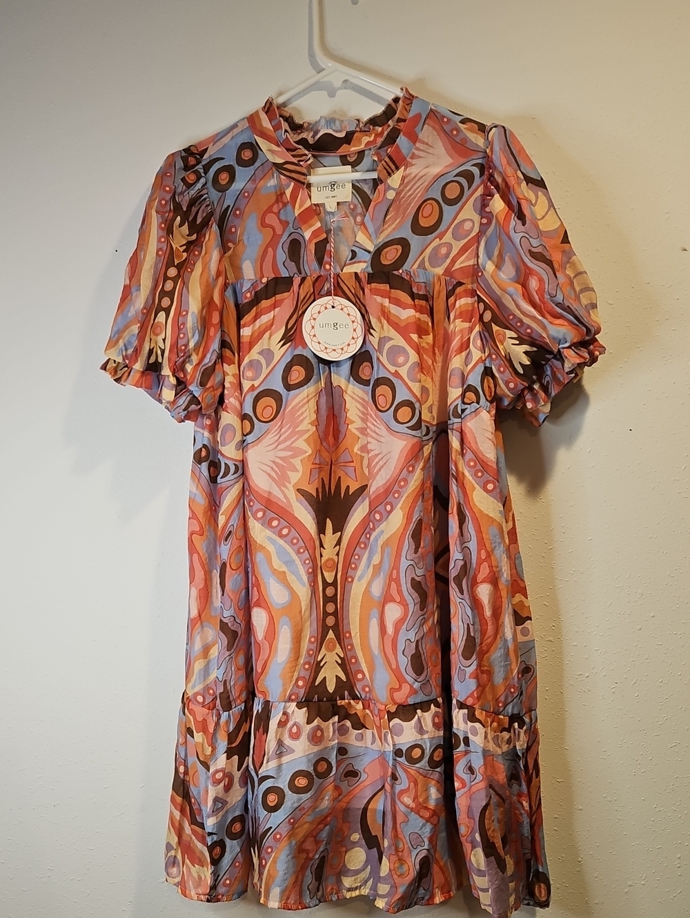 Umgee Baby Doll Puffed Sleeve Viscose Multi Color  Midi Dress L